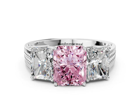 White gold Fancy Pink Radiant Cut Diamond Three-Stone Ring with Prong Setting and Textured Band
