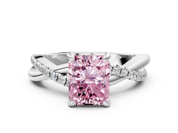 Platinum Fancy Pink Radiant  Cut Diamond Twist Band Solitaire with Prong Setting
