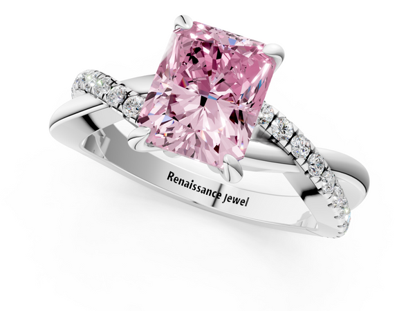 Platinum Fancy Pink Radiant  Cut Diamond Twist Band Solitaire with Prong Setting