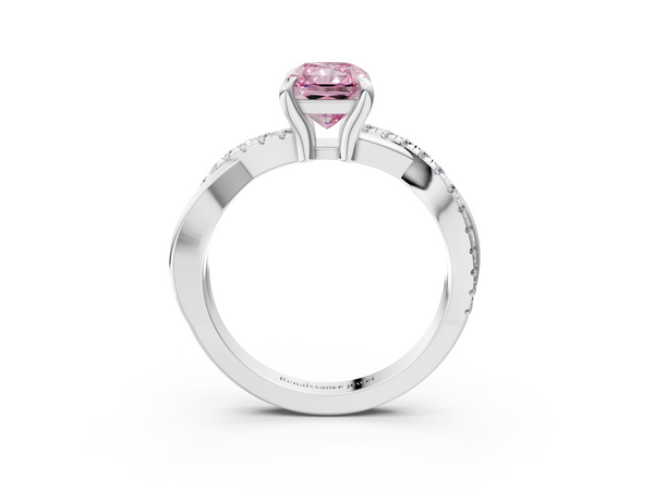 Platinum Fancy Pink Radiant  Cut Diamond Twist Band Solitaire with Prong Setting
