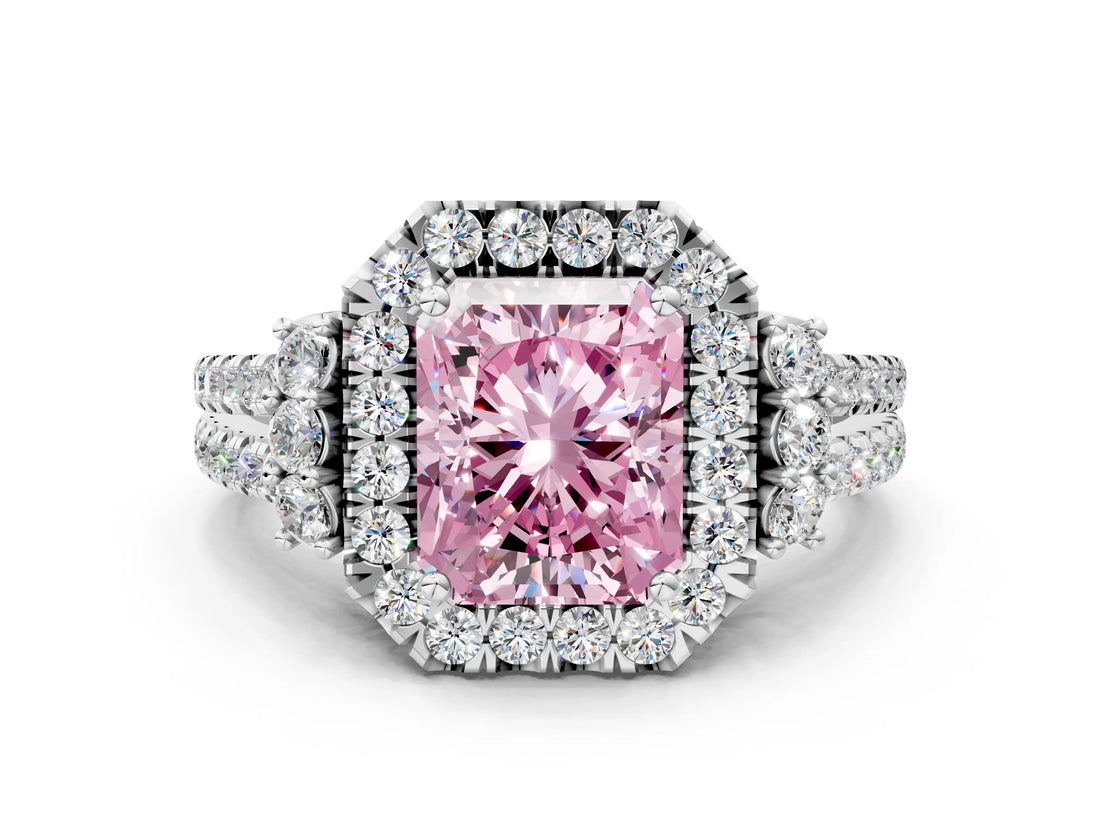 White gold Fancy Pink Radiant  Cut Double Halo Diamond Engagement Ring with Pave Band and Four-Prong Setting_123