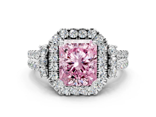 White gold Fancy Pink Radiant  Cut Double Halo Diamond Engagement Ring with Pave Band and Four-Prong Setting