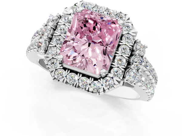 White gold Fancy Pink Radiant  Cut Double Halo Diamond Engagement Ring with Pave Band and Four-Prong Setting