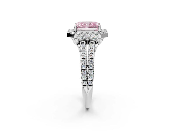White gold Fancy Pink Radiant  Cut Double Halo Diamond Engagement Ring with Pave Band and Four-Prong Setting