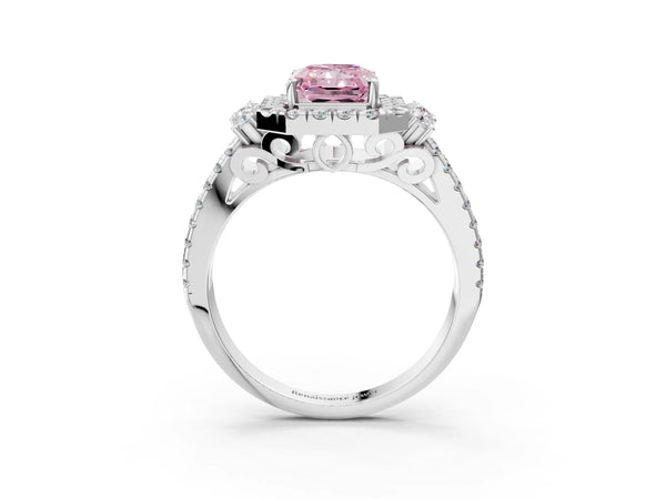 White gold Fancy Pink Radiant  Cut Double Halo Diamond Engagement Ring with Pave Band and Four-Prong Setting