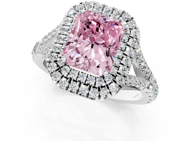 Platinum Fancy Pink Radiant  Cut Double Halo Split Shank Diamond Ring with Prong Setting