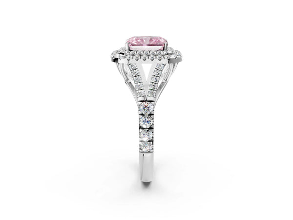 Platinum Fancy Pink Radiant  Cut Double Halo Split Shank Diamond Ring with Prong Setting