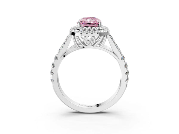 Platinum Fancy Pink Radiant  Cut Double Halo Split Shank Diamond Ring with Prong Setting