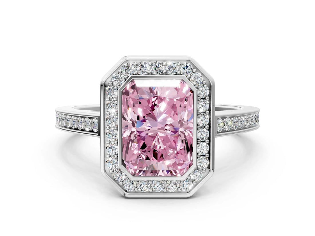 White gold Fancy Pink Radiant Cut Halo Bezel Diamond Pave Band Ring