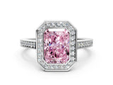 White gold Fancy Pink Radiant Cut Halo Bezel Diamond Pave Band Ring