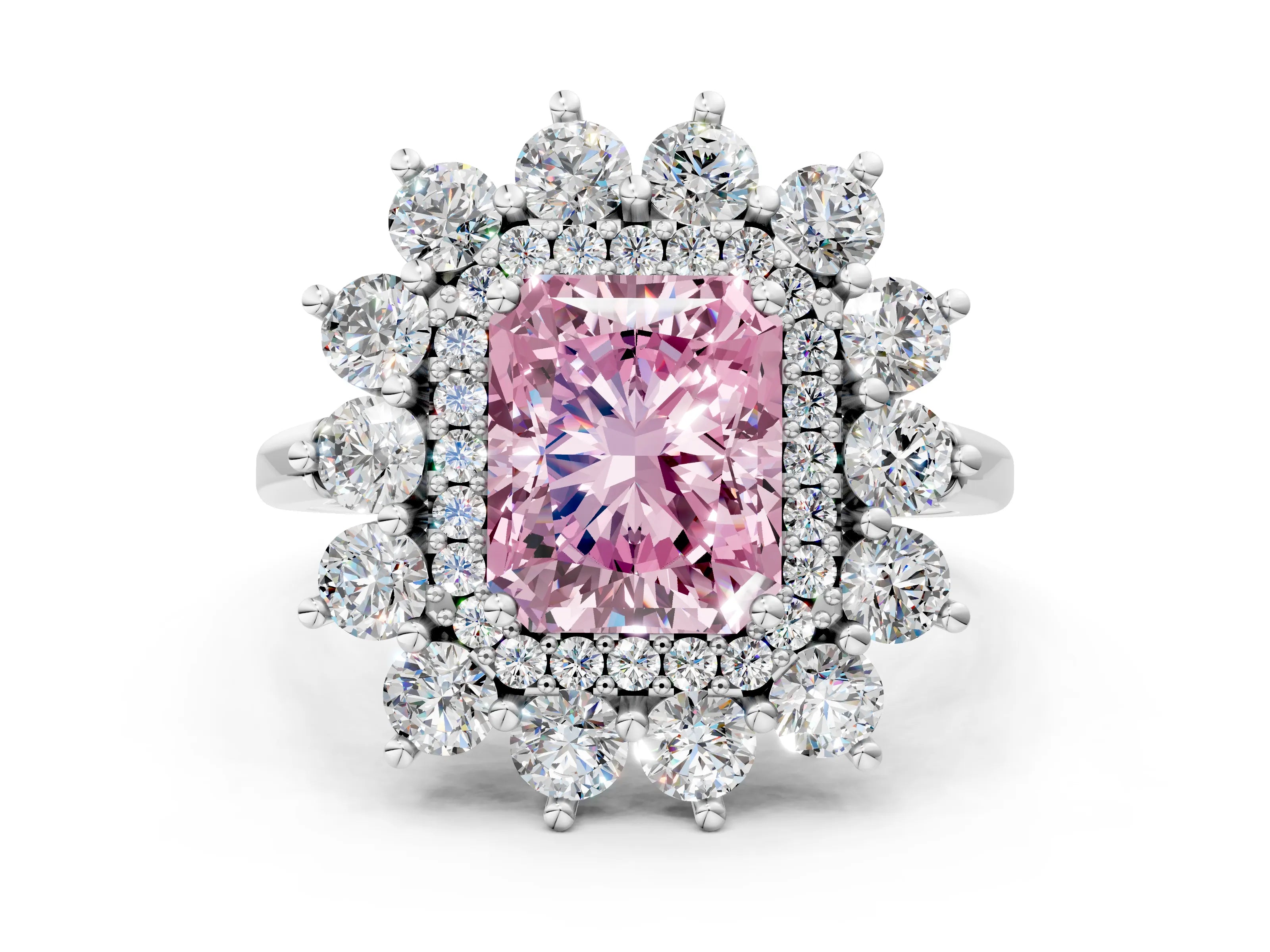 White gold Fancy Pink Radiant Cut Halo Cluster Diamond Ring with Pave Band and Four-Prong Setting