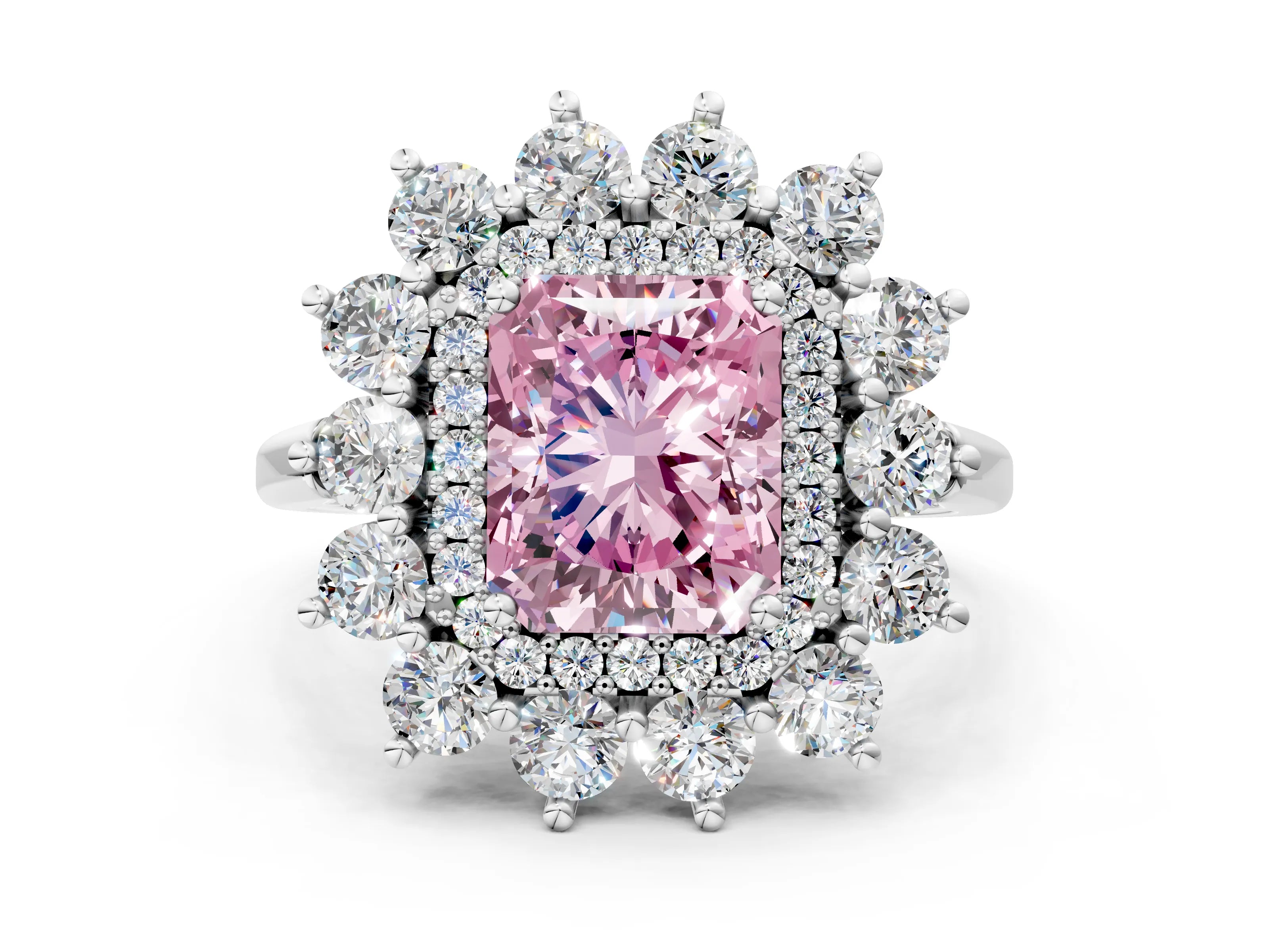 White gold Fancy Pink Radiant Cut Halo Cluster Diamond Ring with Pave Band and Four-Prong Setting_12
