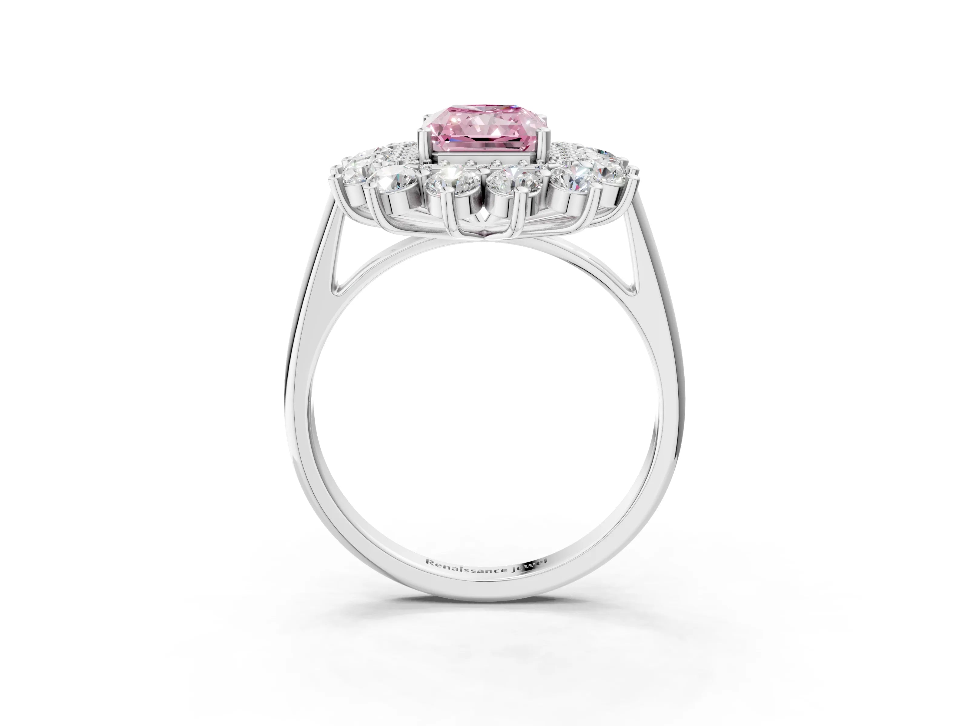 White gold Fancy Pink Radiant Cut Halo Cluster Diamond Ring with Pave Band and Four-Prong Setting_15