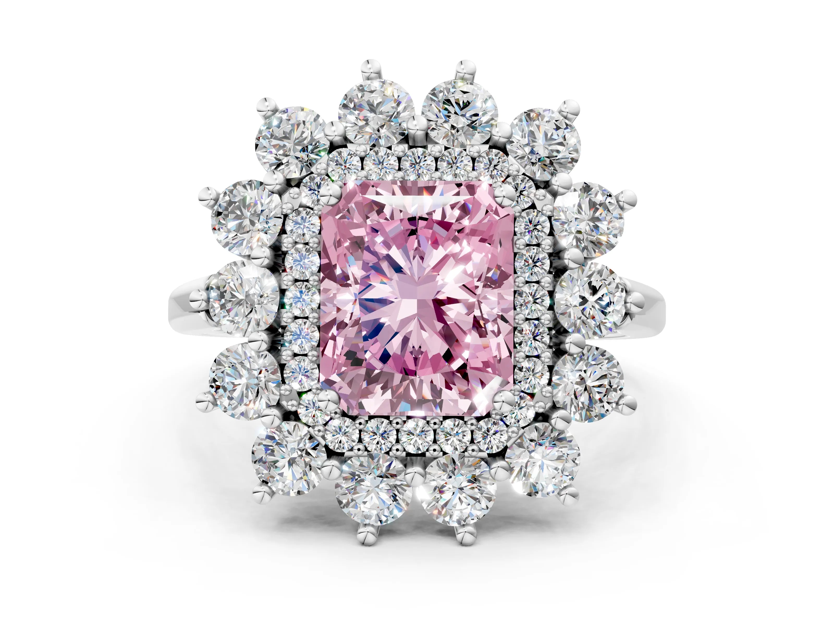 White gold Fancy Pink Radiant Cut Halo Cluster Diamond Ring with Pave Band and Four-Prong Setting_15