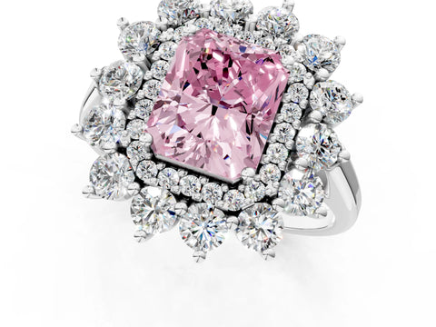 White gold Fancy Pink Radiant Cut Halo Cluster Diamond Ring with Pave Band and Four-Prong Setting_16