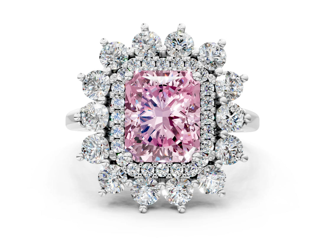 White gold Fancy Pink Radiant Cut Halo Cluster Diamond Ring with Pave Band and Four-Prong Setting_18