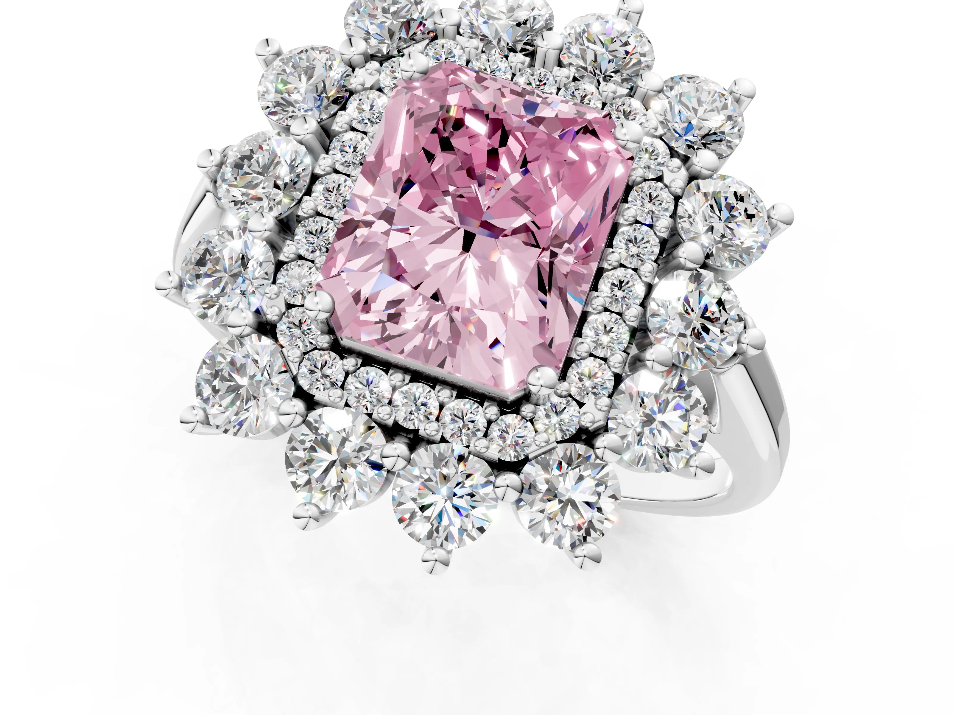 White gold Fancy Pink Radiant Cut Halo Cluster Diamond Ring with Pave Band and Four-Prong Setting_19
