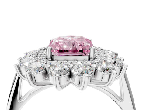 White gold Fancy Pink Radiant Cut Halo Cluster Diamond Ring with Pave Band and Four-Prong Setting_19