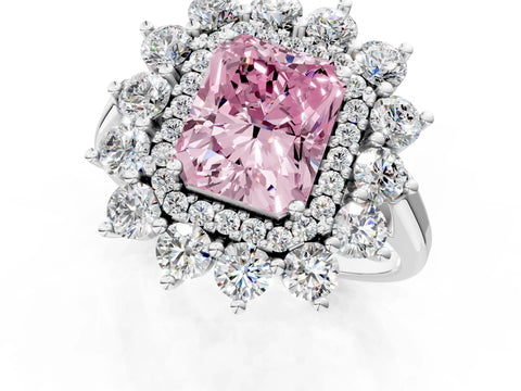 White gold Fancy Pink Radiant Cut Halo Cluster Diamond Ring with Pave Band and Four-Prong Setting_1