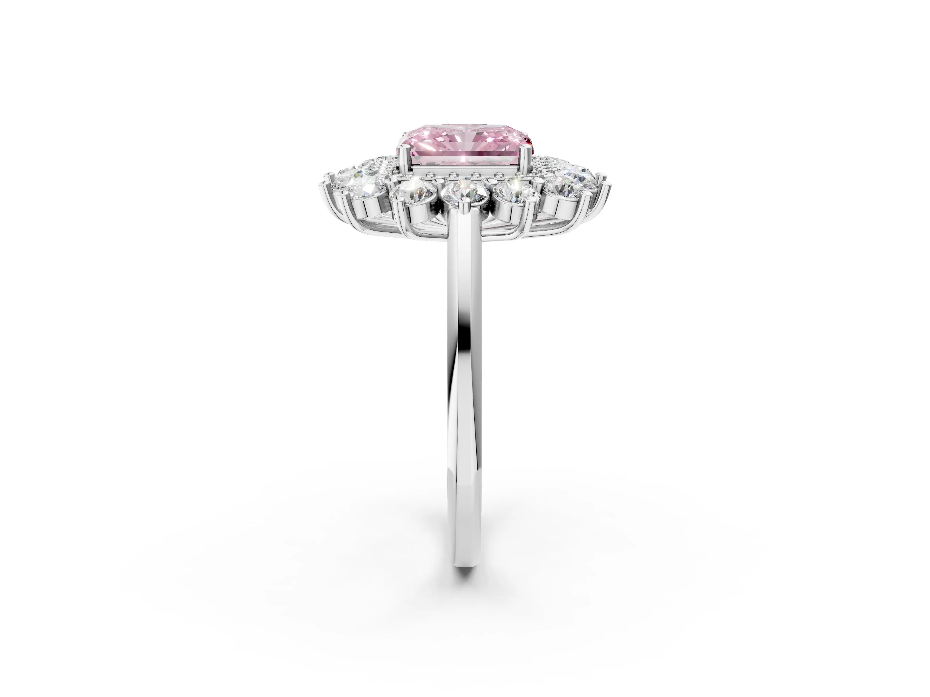 White gold Fancy Pink Radiant Cut Halo Cluster Diamond Ring with Pave Band and Four-Prong Setting_2
