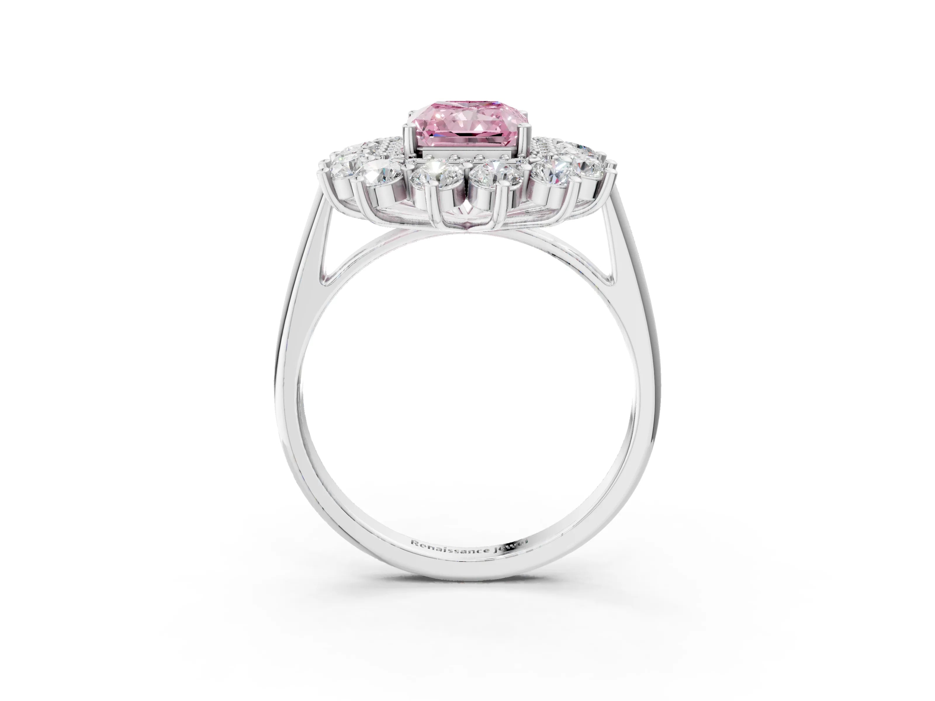 White gold Fancy Pink Radiant Cut Halo Cluster Diamond Ring with Pave Band and Four-Prong Setting_21