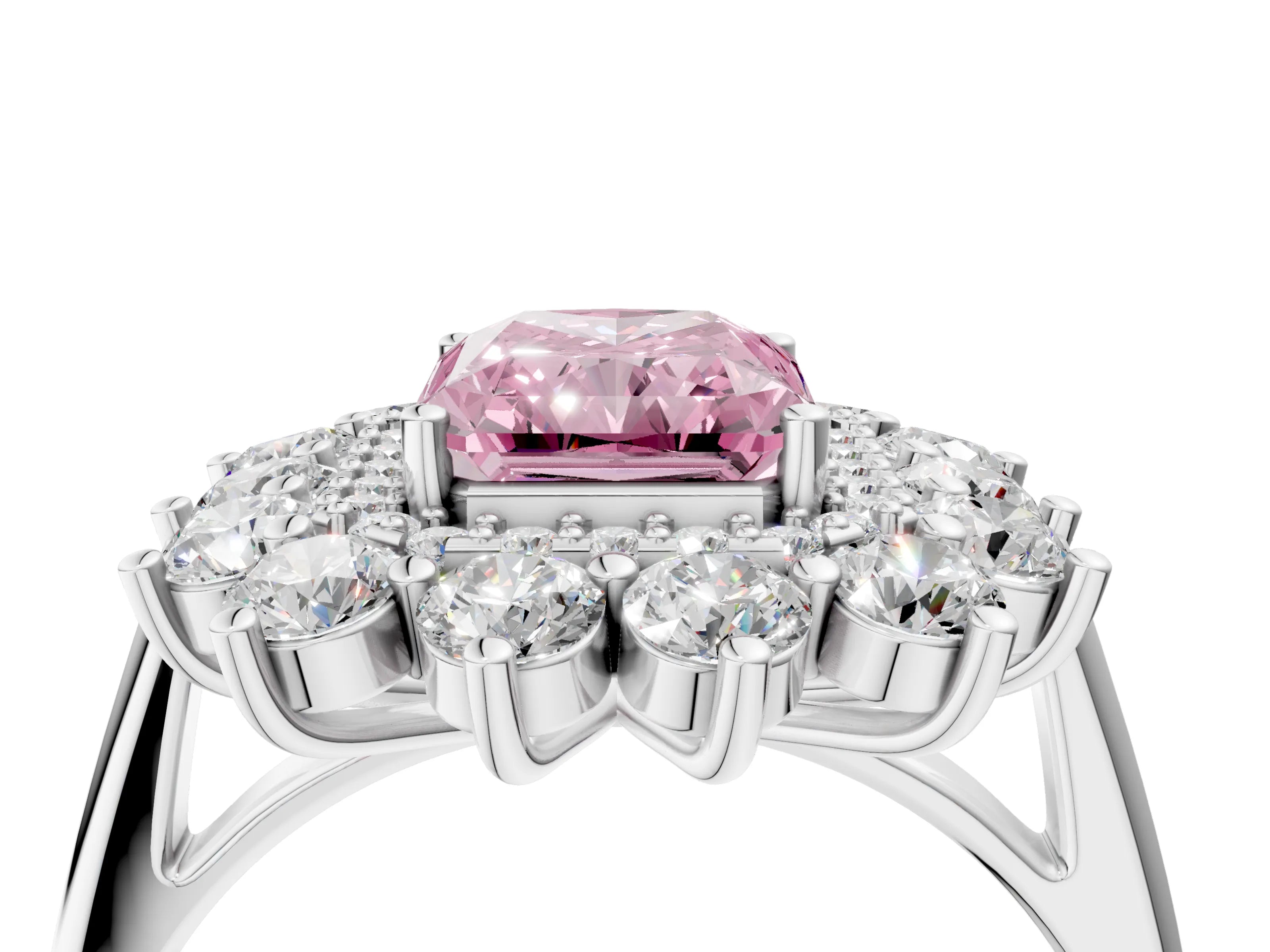 White gold Fancy Pink Radiant Cut Halo Cluster Diamond Ring with Pave Band and Four-Prong Setting_22