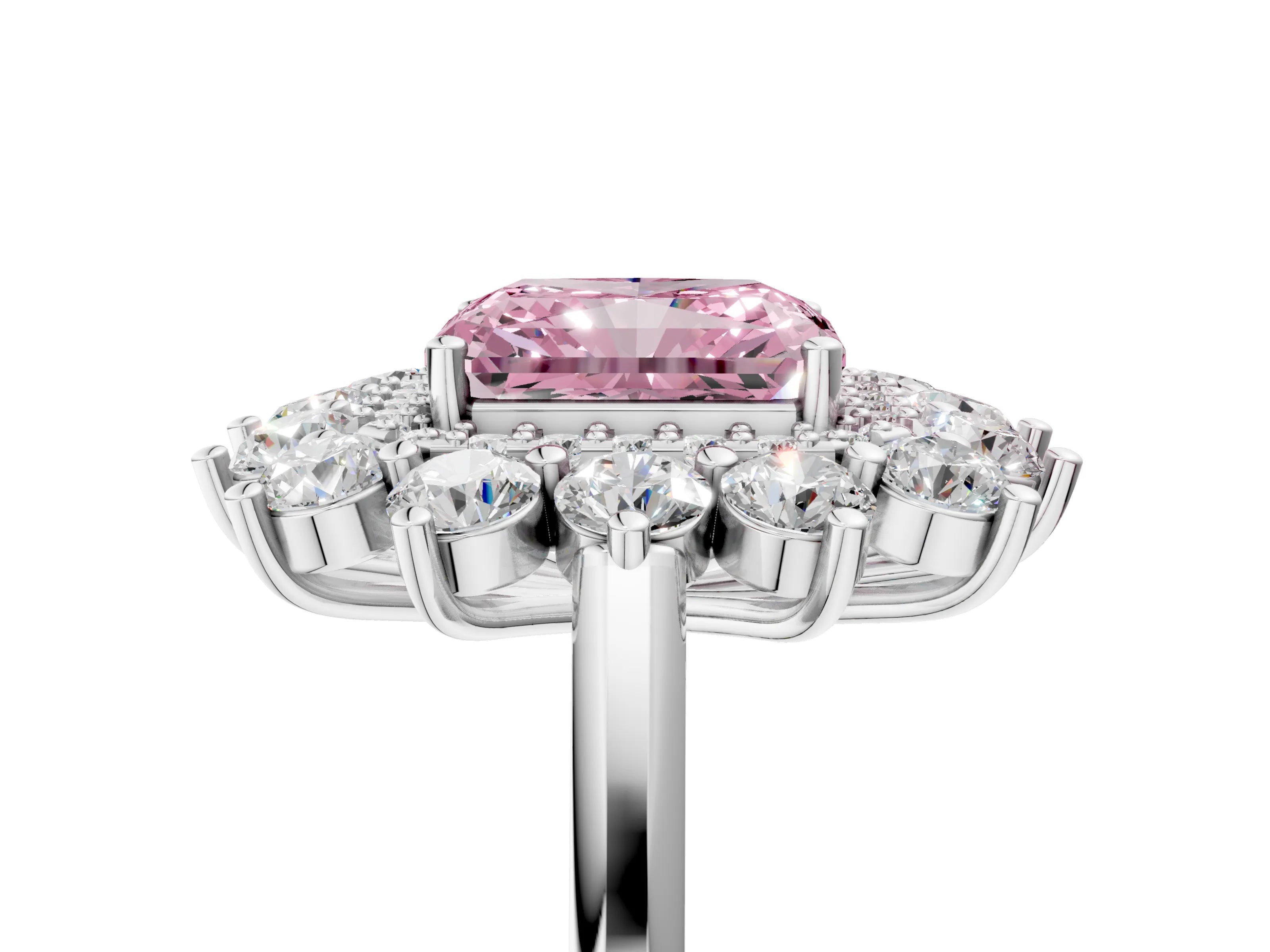 White gold Fancy Pink Radiant Cut Halo Cluster Diamond Ring with Pave Band and Four-Prong Setting_23