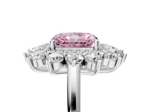 White gold Fancy Pink Radiant Cut Halo Cluster Diamond Ring with Pave Band and Four-Prong Setting_23