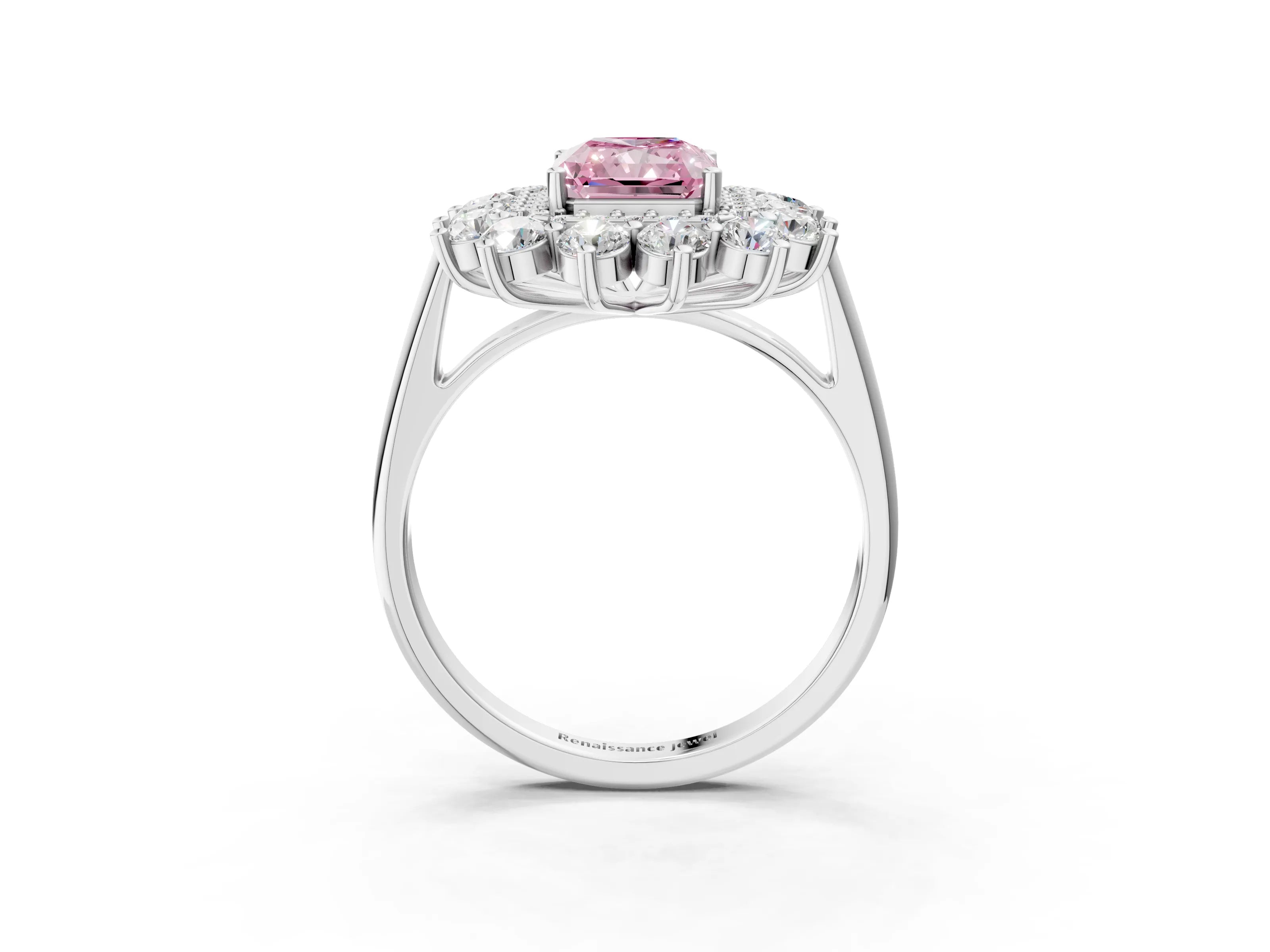 White gold Fancy Pink Radiant Cut Halo Cluster Diamond Ring with Pave Band and Four-Prong Setting_3