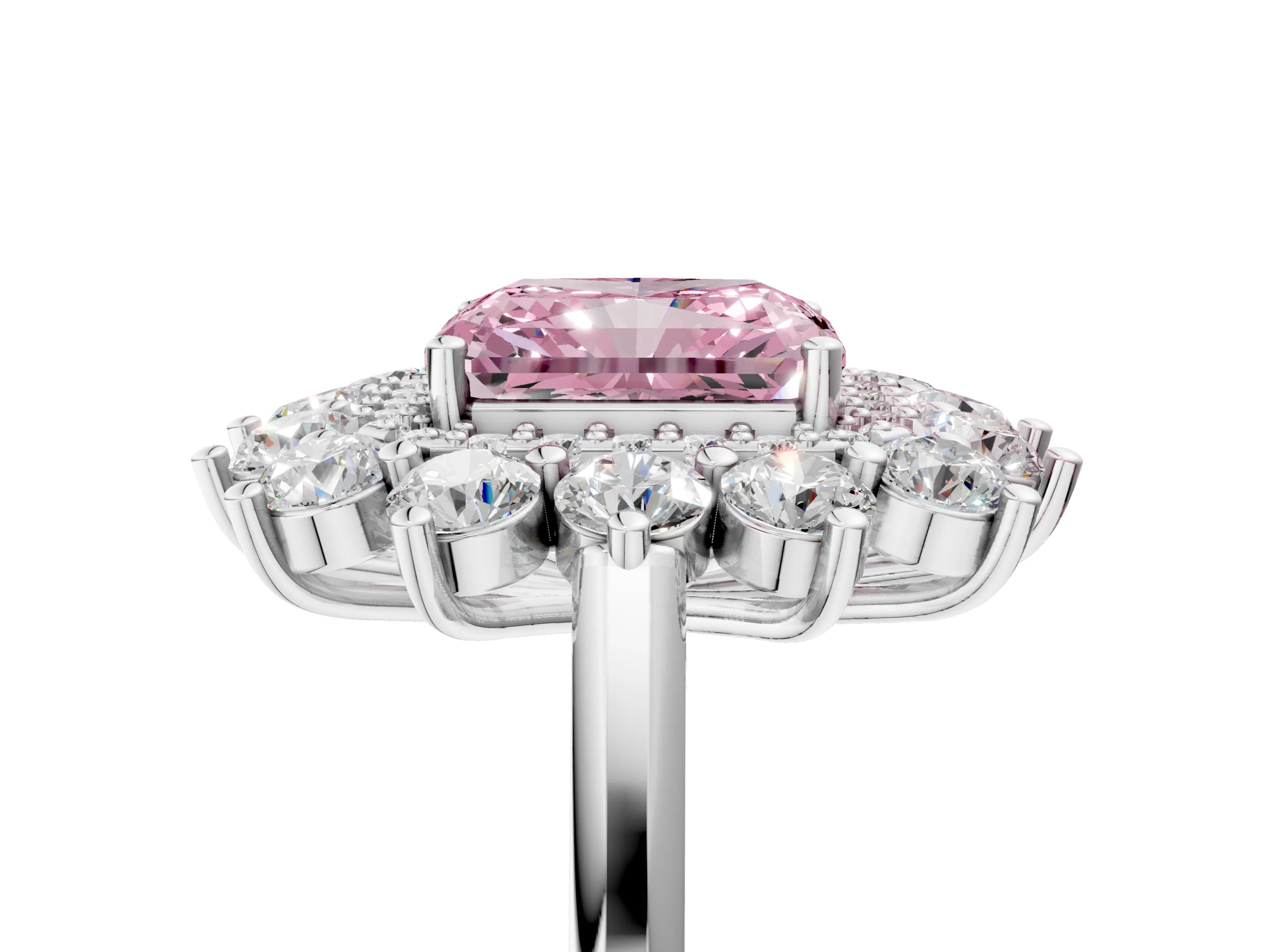 White gold Fancy Pink Radiant Cut Halo Cluster Diamond Ring with Pave Band and Four-Prong Setting_5