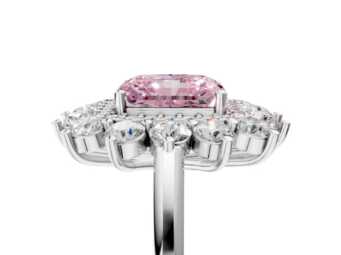 White gold Fancy Pink Radiant Cut Halo Cluster Diamond Ring with Pave Band and Four-Prong Setting_5