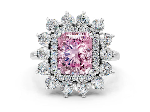 White gold Fancy Pink Radiant Cut Halo Cluster Diamond Ring with Pave Band and Four-Prong Setting