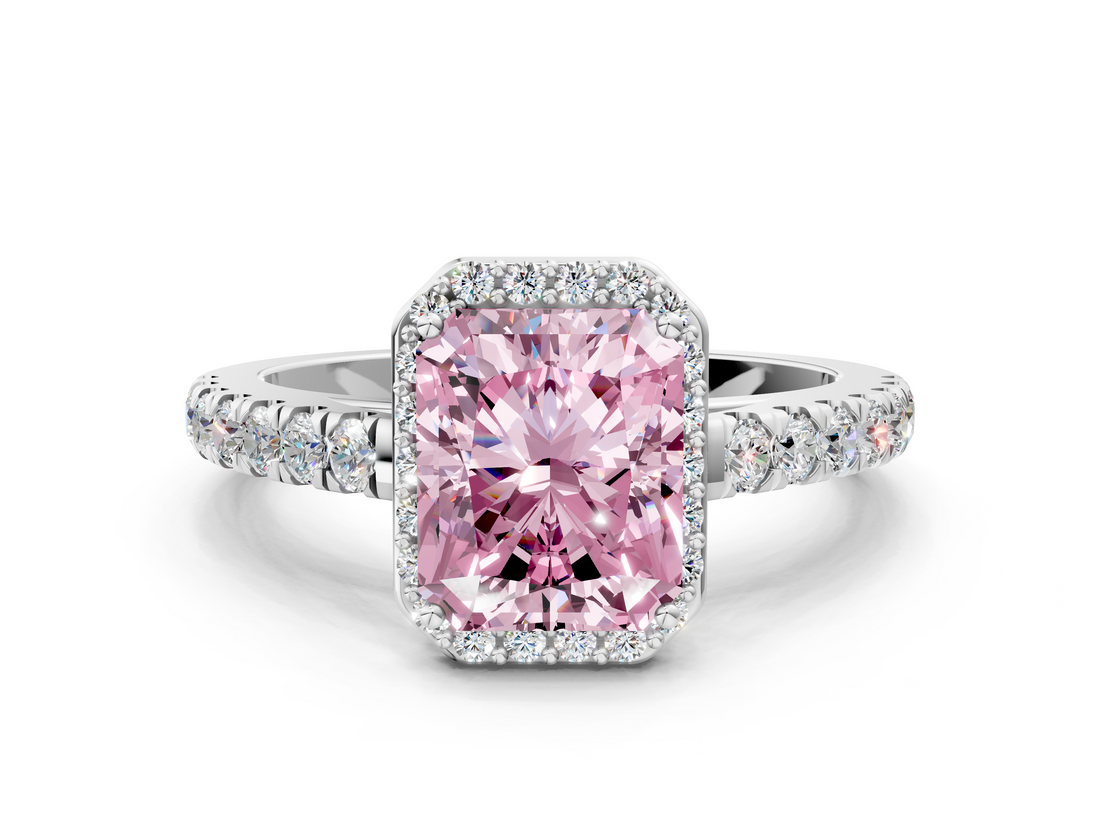 White gold Fancy Pink Radiant  Cut Halo Diamond Engagement Ring with Pave Band and Four-Prong Setting_28