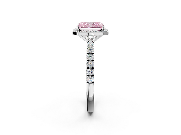 White gold Fancy Pink Radiant  Cut Halo Diamond Engagement Ring with Pave Band and Four-Prong Setting