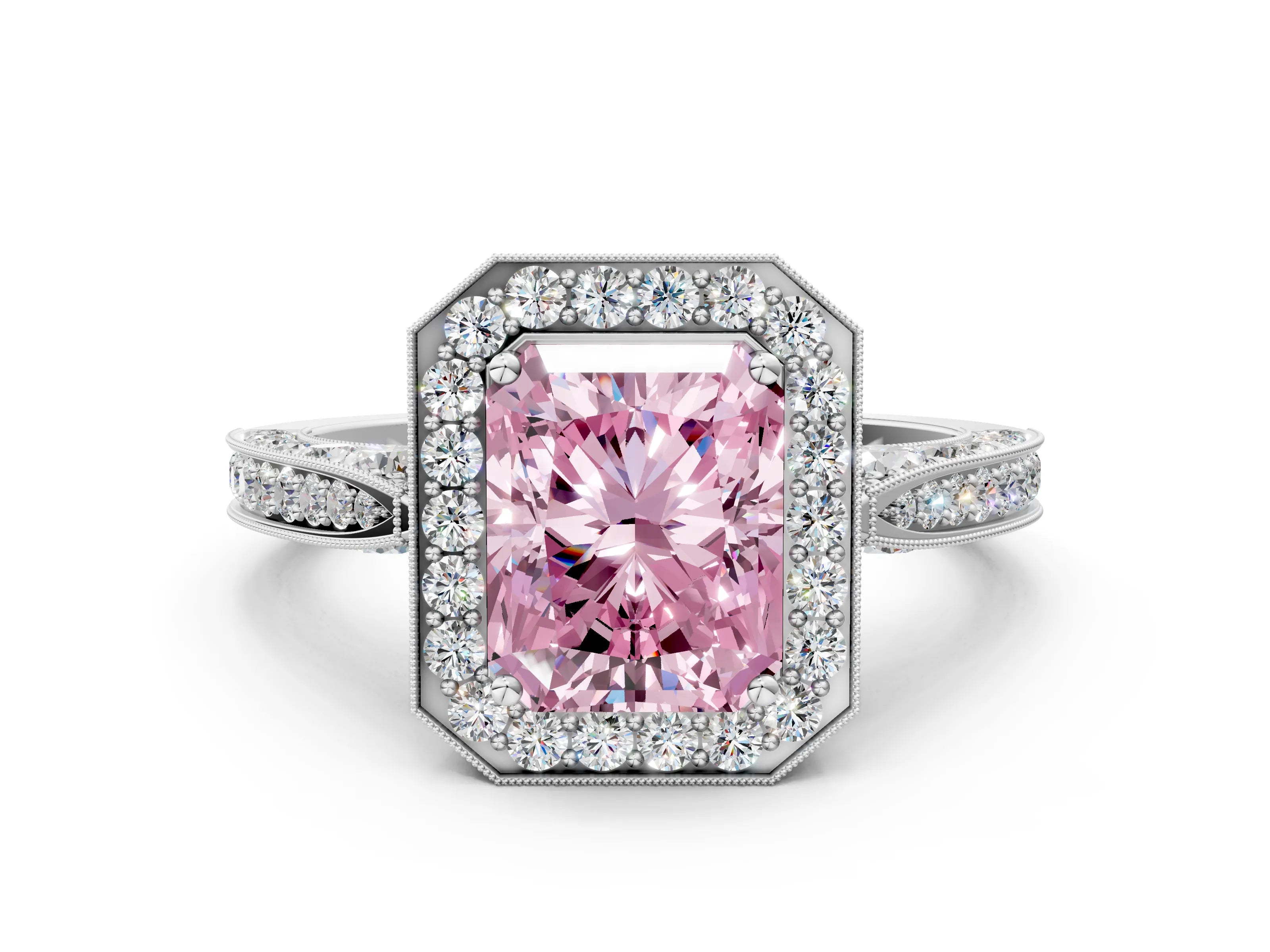 White gold Fancy Pink Radiant Cut Halo Diamond Engagement Ring with Split Shank Band and Four-Prong Setting_24
