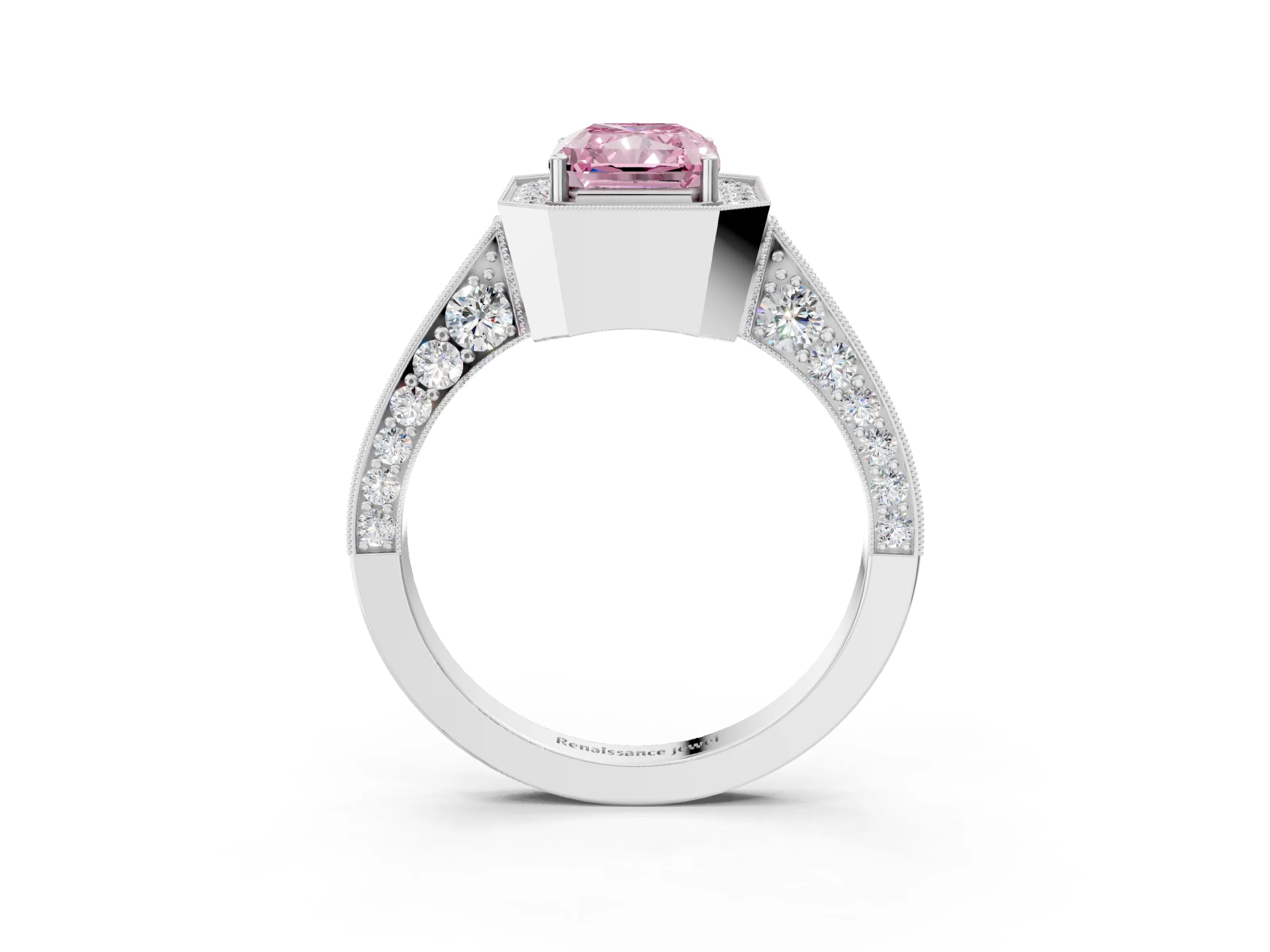 White gold Fancy Pink Radiant Cut Halo Diamond Engagement Ring with Split Shank Band and Four-Prong Setting_27