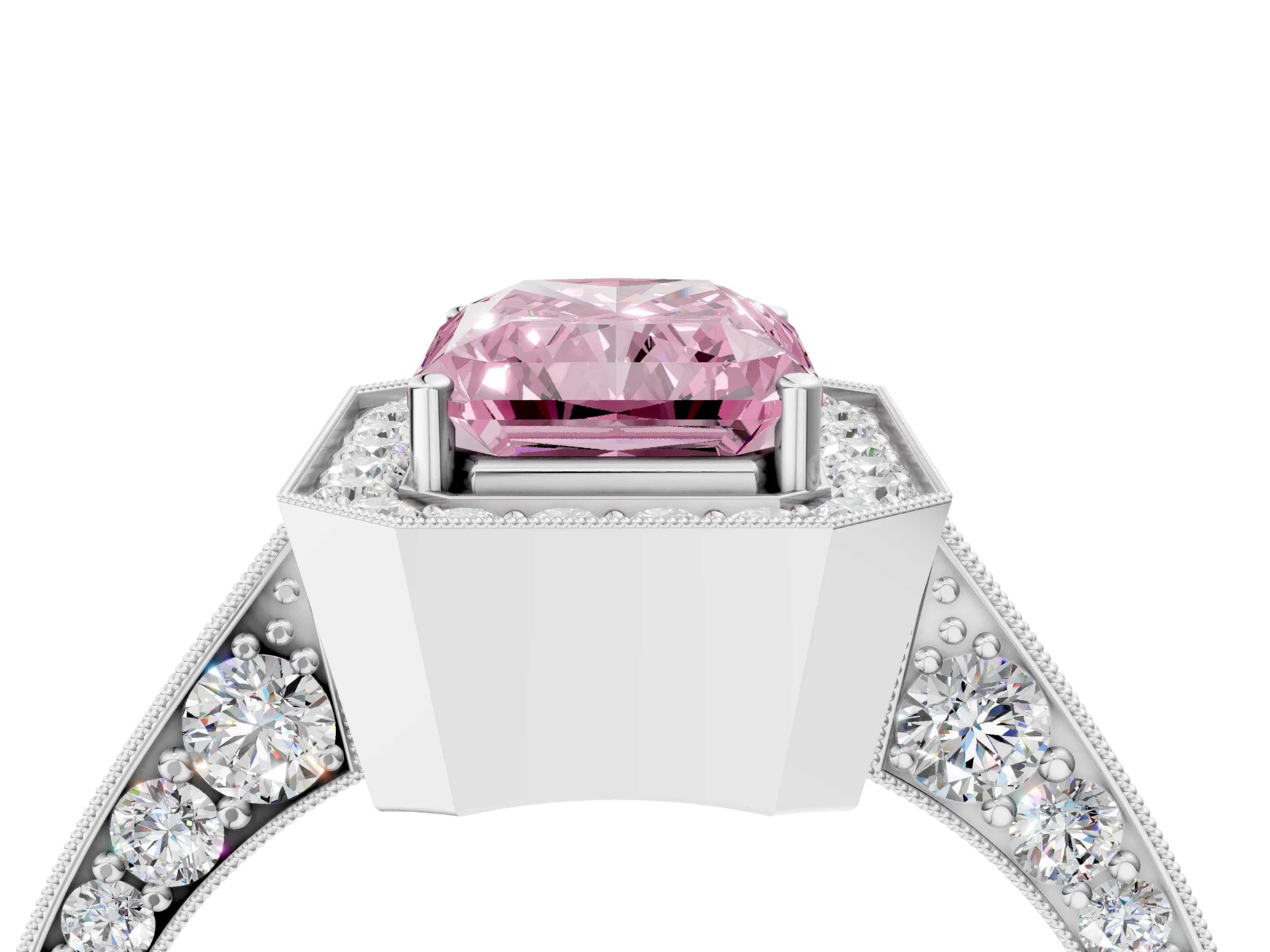 White gold Fancy Pink Radiant Cut Halo Diamond Engagement Ring with Split Shank Band and Four-Prong Setting_34