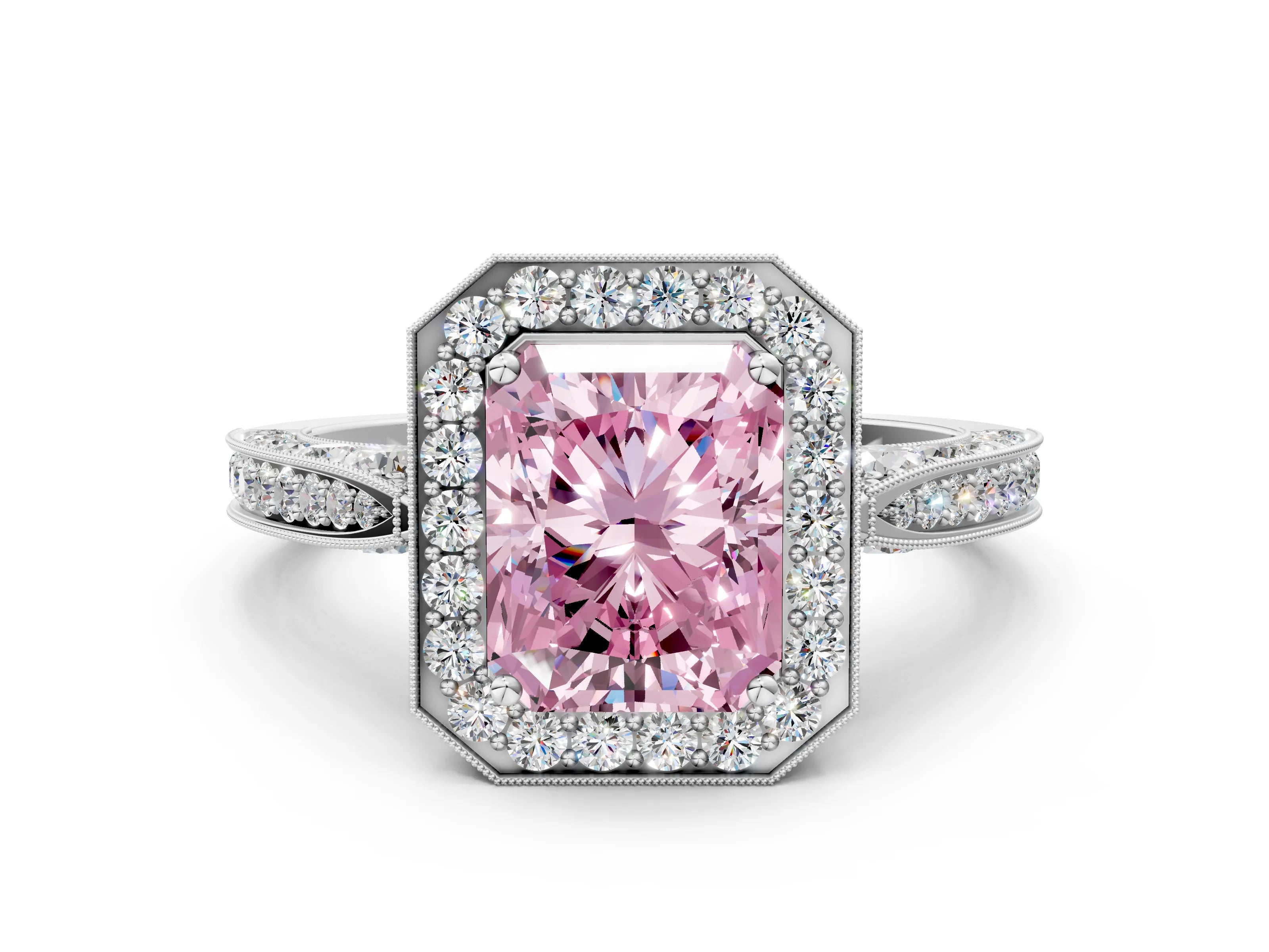 White gold Fancy Pink Radiant Cut Halo Diamond Engagement Ring with Split Shank Band and Four-Prong Setting_36
