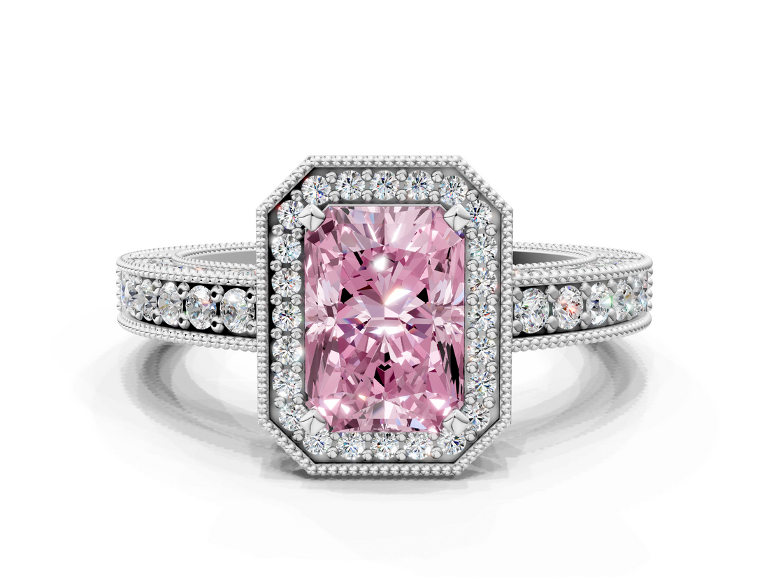White gold Fancy Pink Radiant  Cut Halo Diamond Pave Band Ring with Four-Prong Setting_46