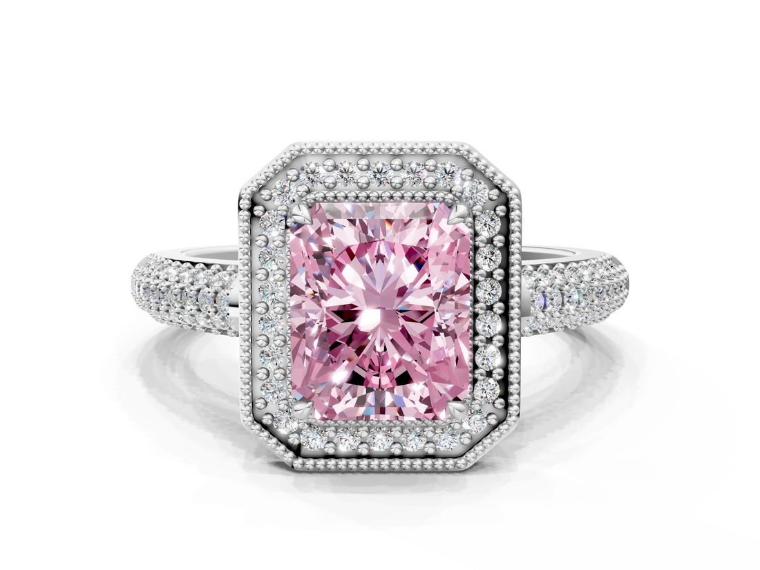 White gold Fancy Pink Radiant  Cut Halo Diamond Pave Band with Four-Prong Setting_37