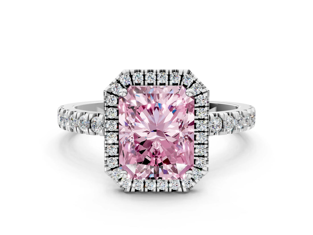 White gold Fancy Pink Radiant Cut Halo Diamond Pave Band with Prong Setting