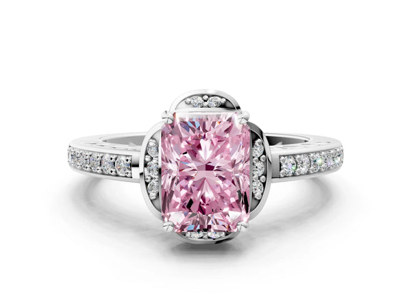 Platinum Fancy Pink Radiant  Cut Halo Diamond Ring with Channel Set Band and Four-Prong Setting