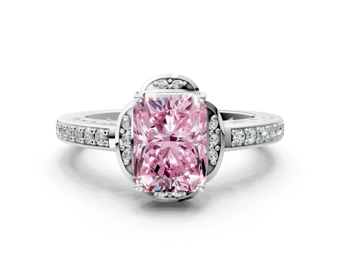White gold Fancy Pink Radiant  Cut Halo Diamond Ring with Channel Set Band and Four-Prong Setting_32