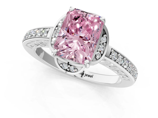 Platinum Fancy Pink Radiant  Cut Halo Diamond Ring with Channel Set Band and Four-Prong Setting