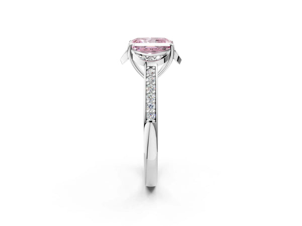 Platinum Fancy Pink Radiant  Cut Halo Diamond Ring with Channel Set Band and Four-Prong Setting