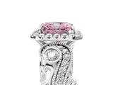 White gold Fancy Pink Radiant Cut Halo Diamond Ring with Milgrain and Bezel Accents on a Split Shank Band_11
