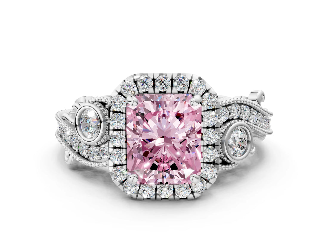 White gold Fancy Pink Radiant Cut Halo Diamond Ring with Milgrain and Bezel Accents on a Split Shank Band_12