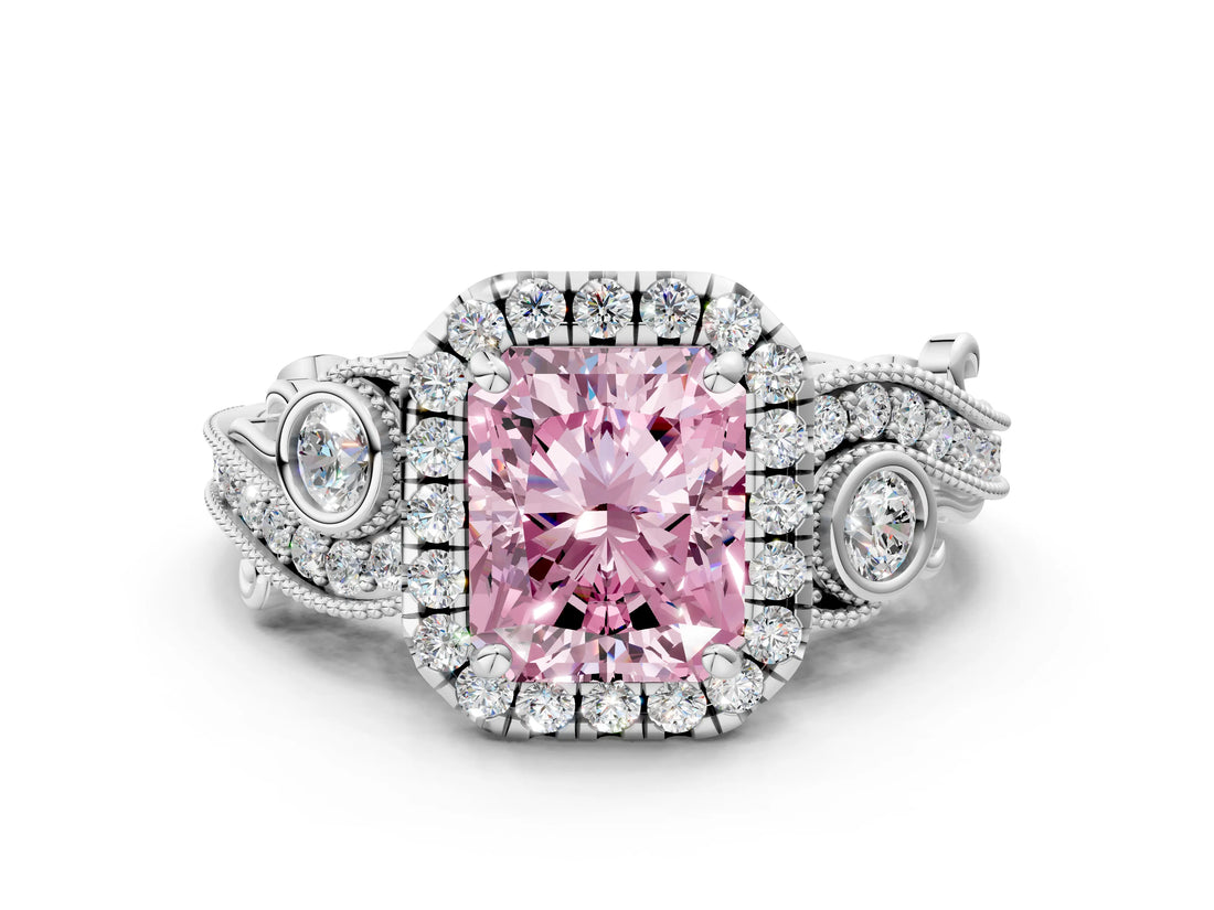 White gold Fancy Pink Radiant Cut Halo Diamond Ring with Milgrain and Bezel Accents on a Split Shank Band_12