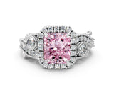 White gold Fancy Pink Radiant Cut Halo Diamond Ring with Milgrain and Bezel Accents on a Split Shank Band_12