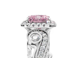 White gold Fancy Pink Radiant Cut Halo Diamond Ring with Milgrain and Bezel Accents on a Split Shank Band_17
